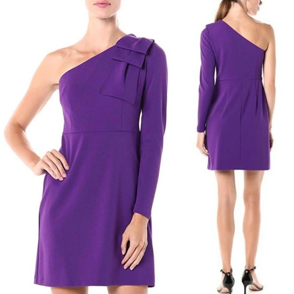 Donna Morgan royal purple one shoulder long sleeve bow accent cocktail dress 6